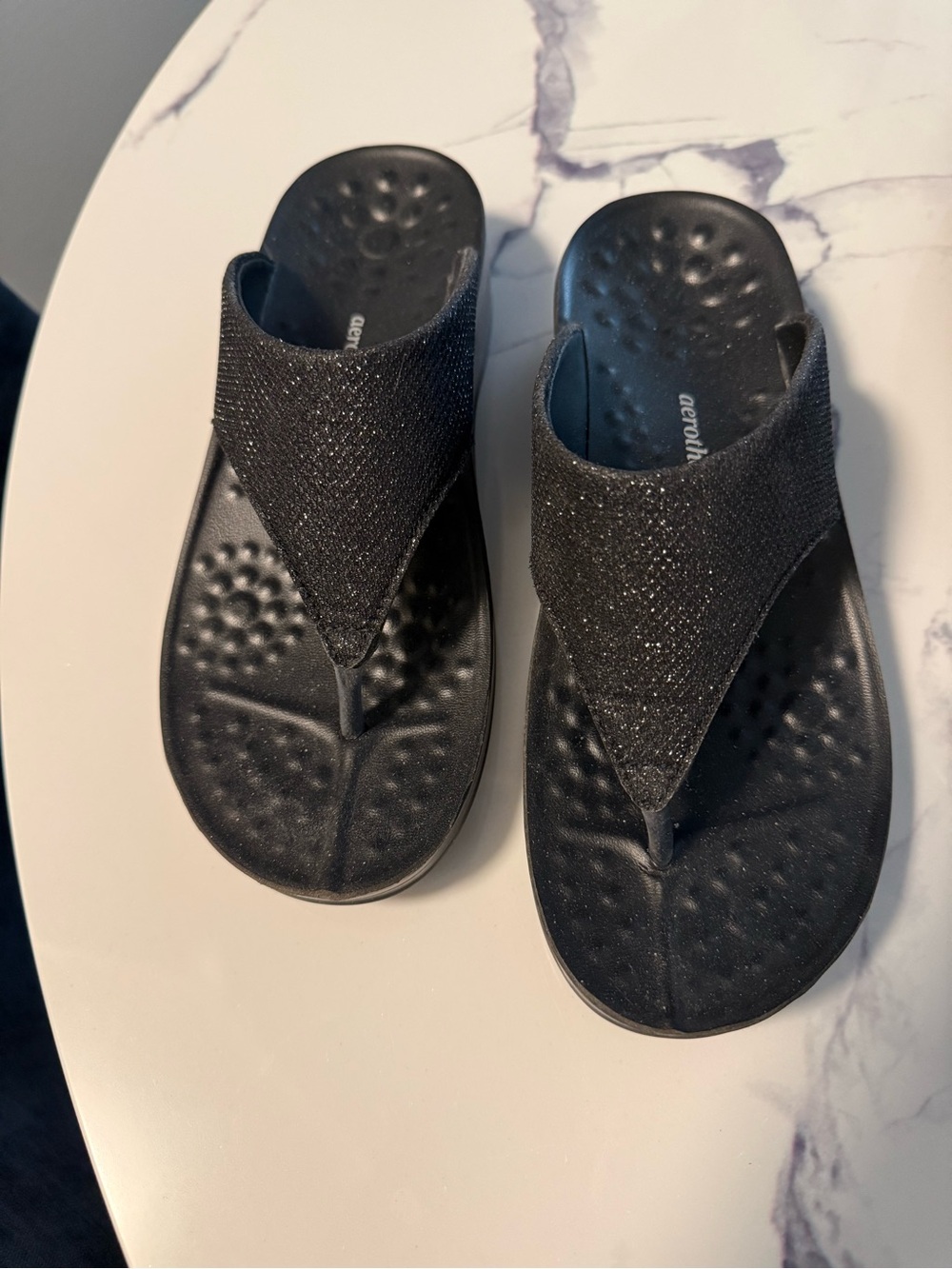 Black Glitter Thong Sandals with Cushioned Footbed